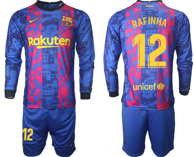 Men 2021-2022 Club Barcelona Second away blue Long Sleeve #12 Soccer Jersey->barcelona jersey->Soccer Club Jersey